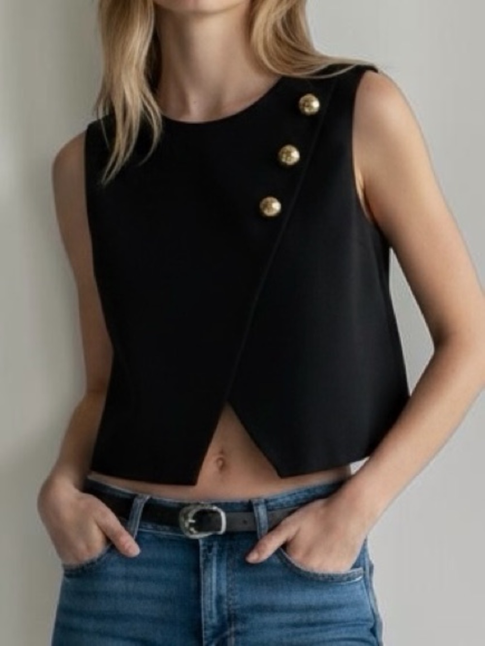 Zara Black & Gold Button Wrap Sleeveless Top